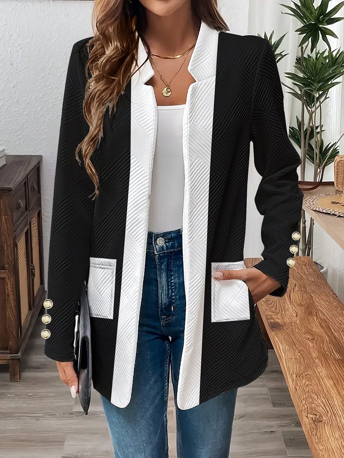 Women's Spring/Fall Outerwear Casual Pocket Stitching Color Block Long Sleeve Jacket