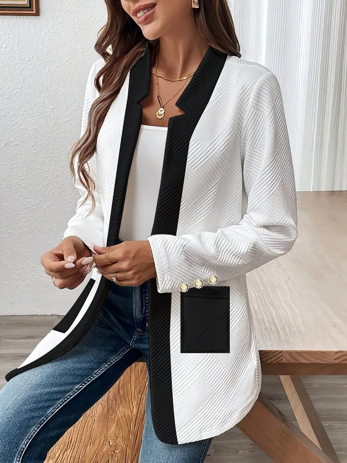 Women's Spring/Fall Outerwear Casual Pocket Stitching Color Block Long Sleeve Jacket