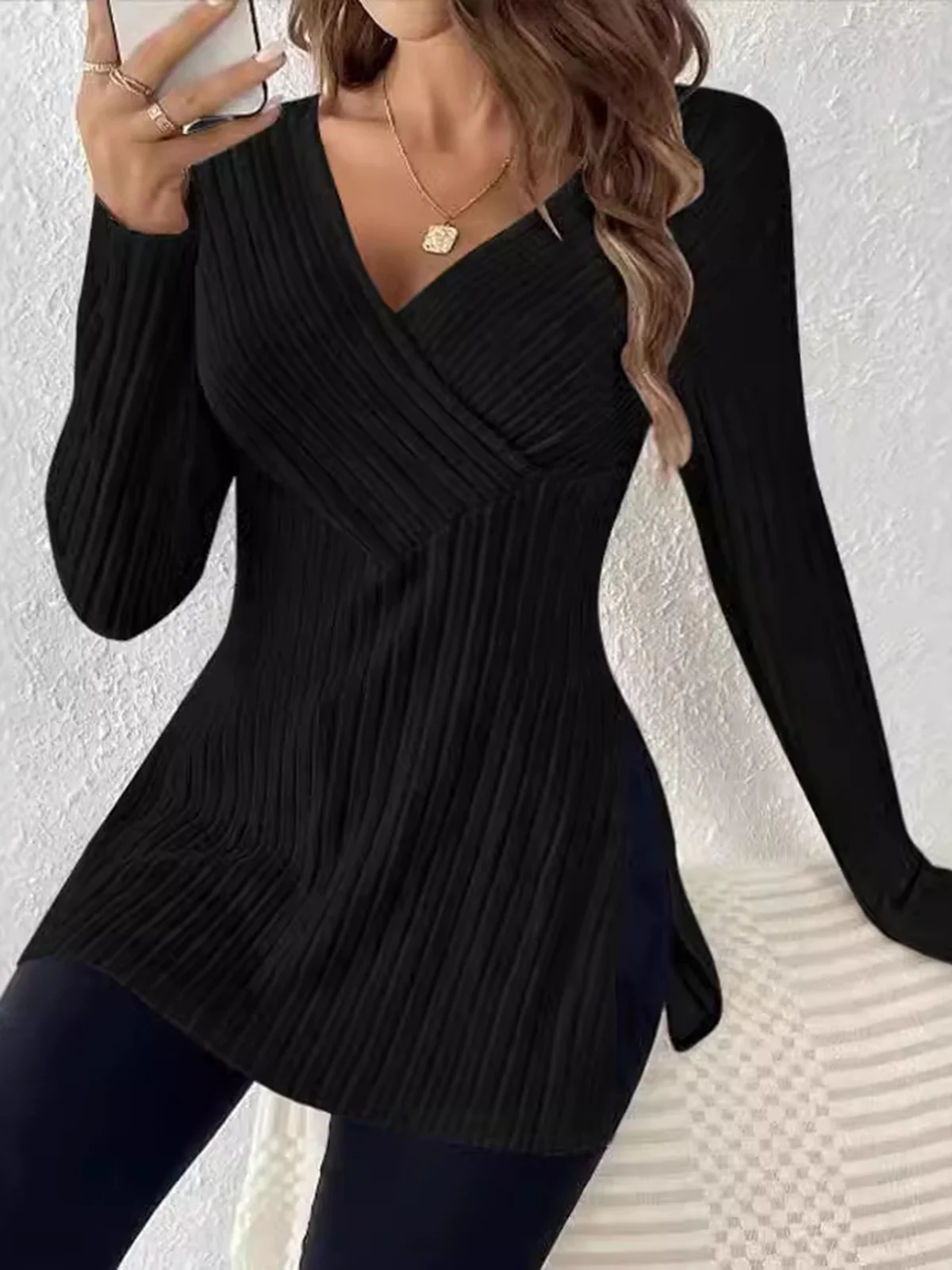 Women's Long Sleeve Blouse Spring/Fall Plain V Neck Daily Going Out Casual Top