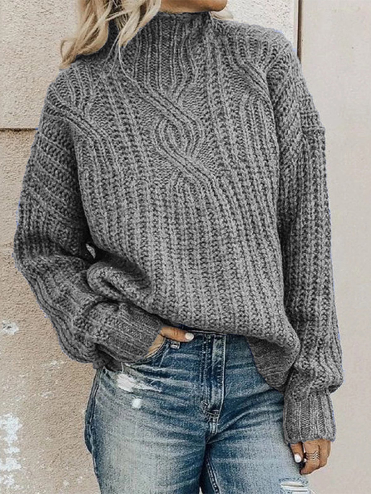 Women's Winter Plain Casual Balloon Sleeve Long Sleeve Sweater