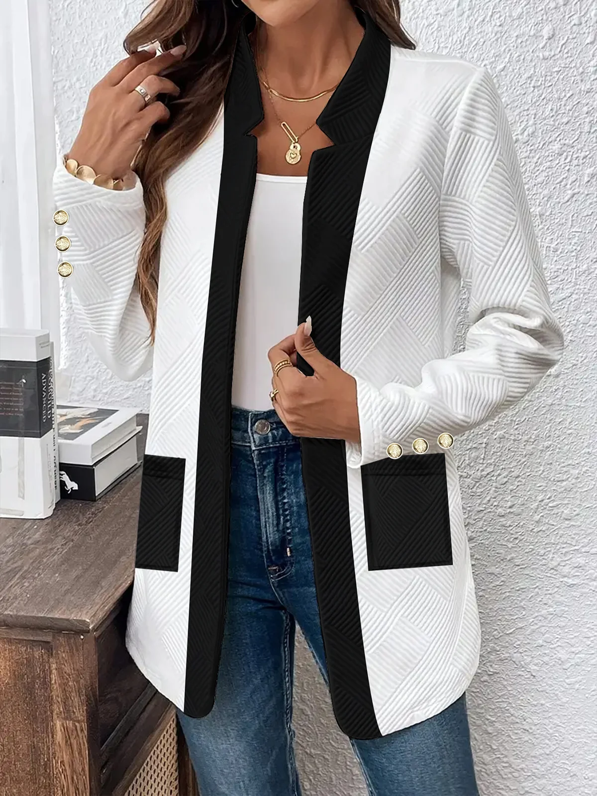 Women's Spring/Fall Outerwear Casual Pocket Stitching Color Block Long Sleeve Jacket