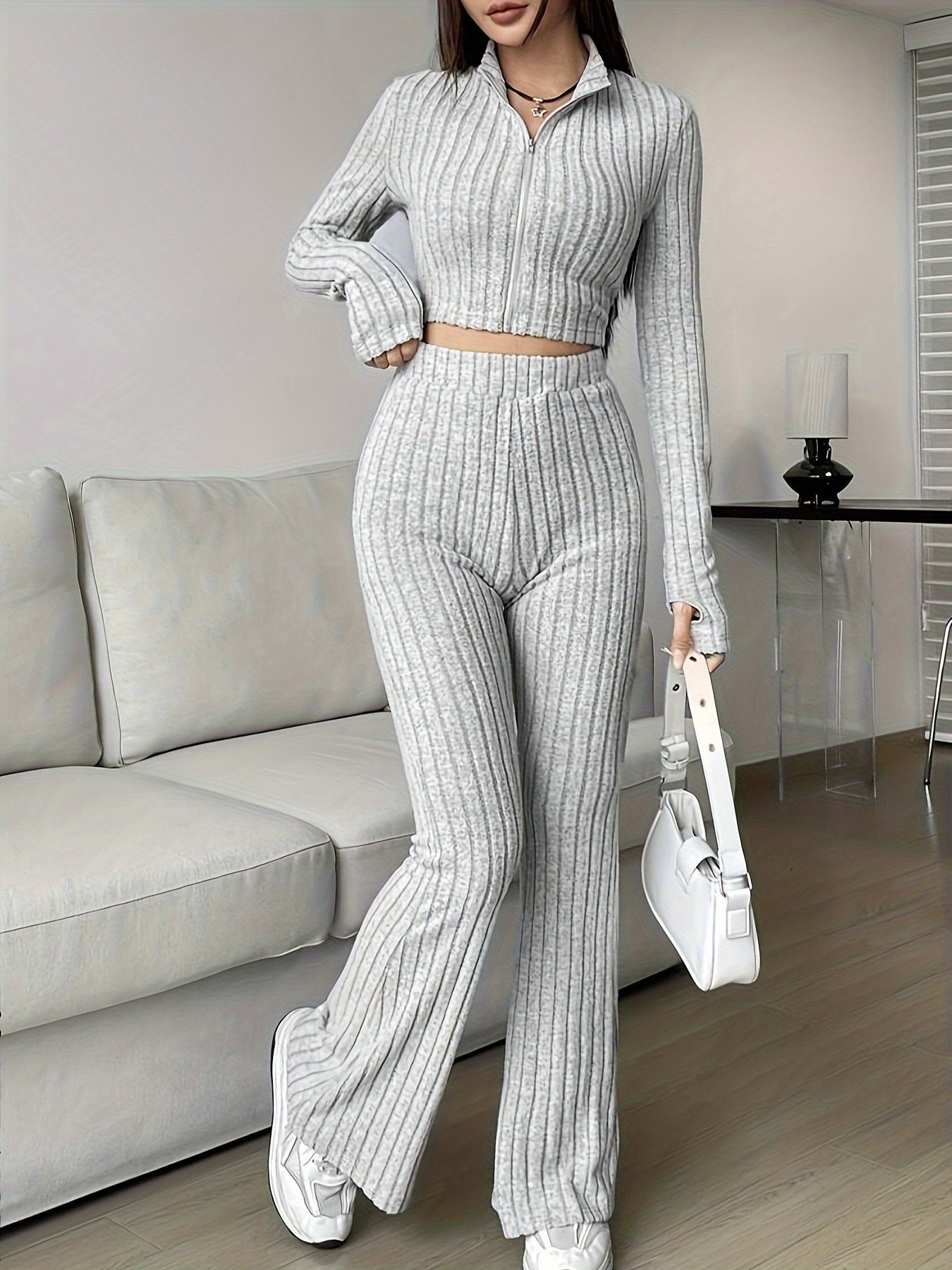 Women's Plain Two-Piece Set Daily Long Sleeve Casual Spring/Fall Top With Pants Matching Set