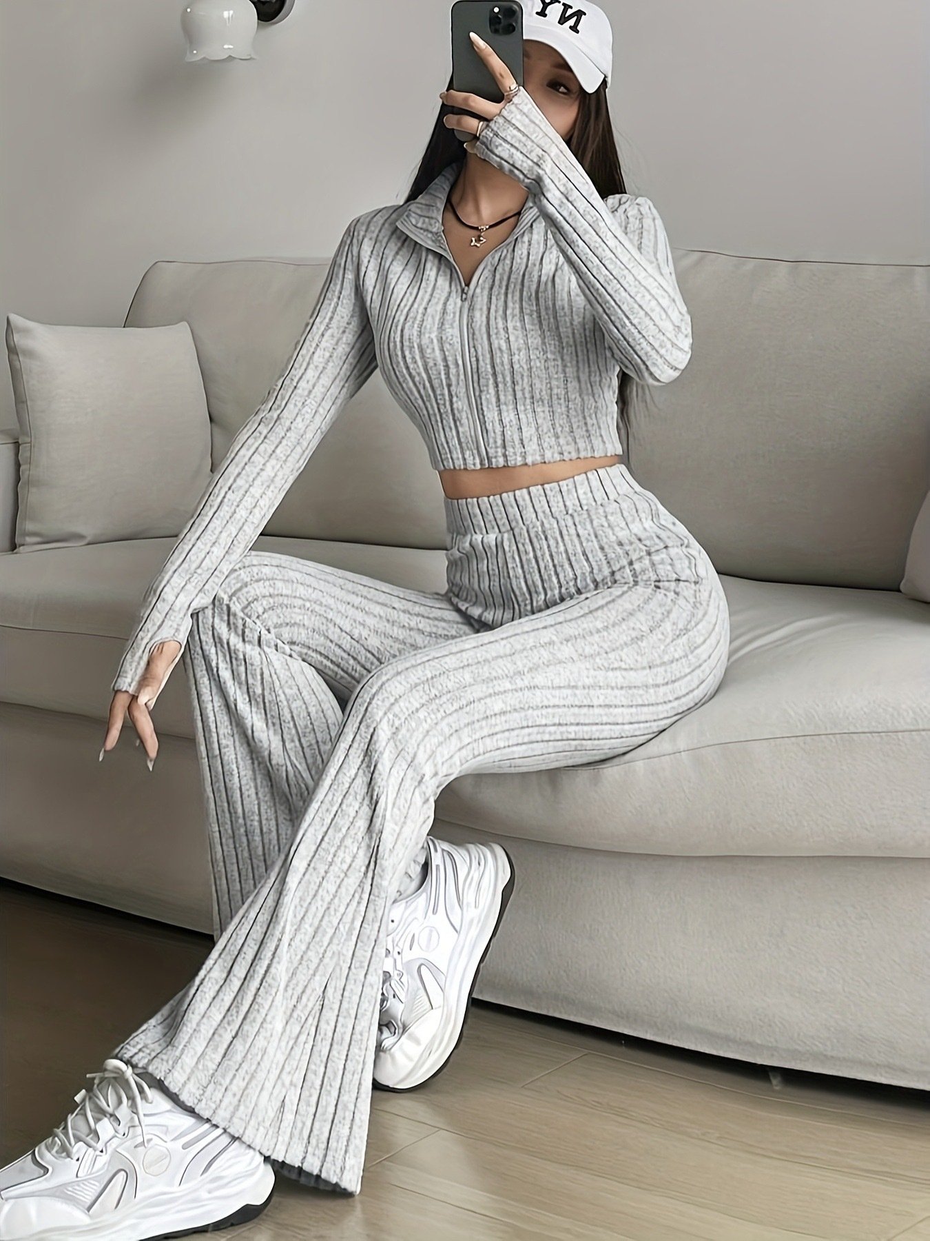 Women's Plain Two-Piece Set Daily Long Sleeve Casual Spring/Fall Top With Pants Matching Set