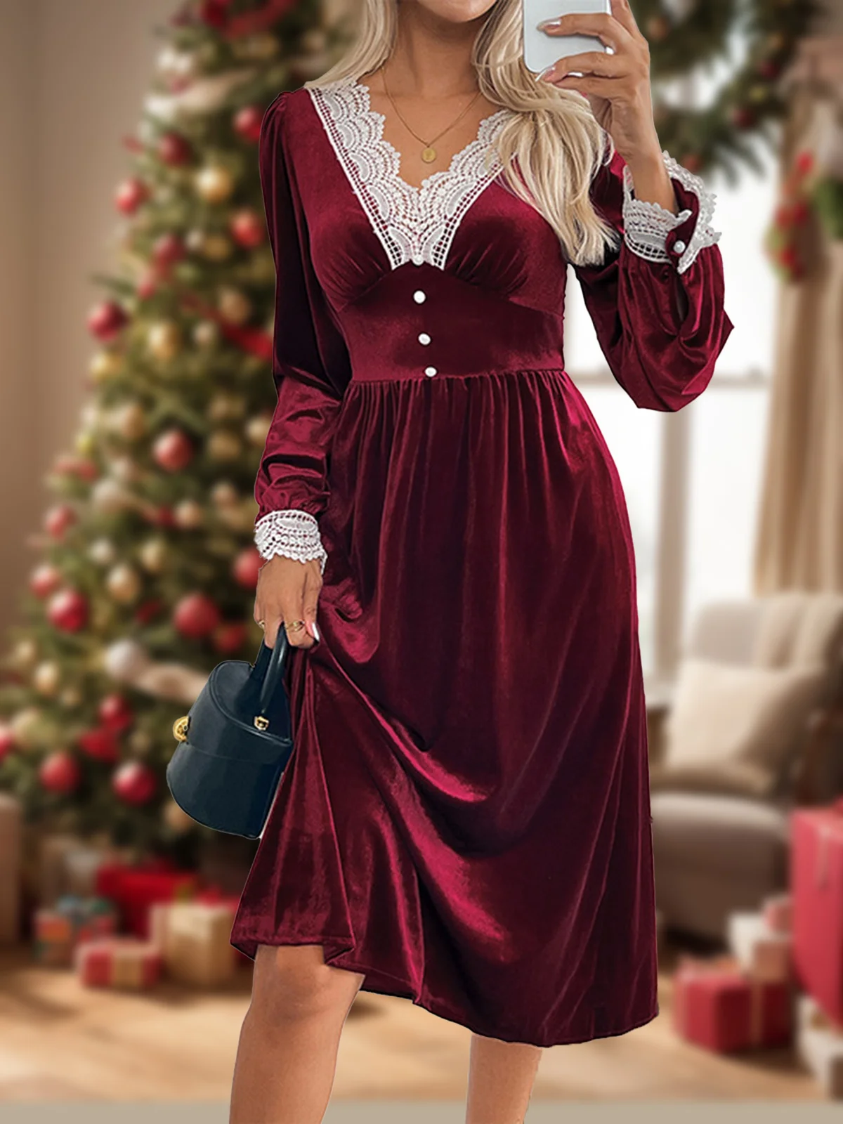 Women's Long Sleeve Spring/Fall Plain Lace Dress V Neck Holiday Going Out Casual Maxi A-Line