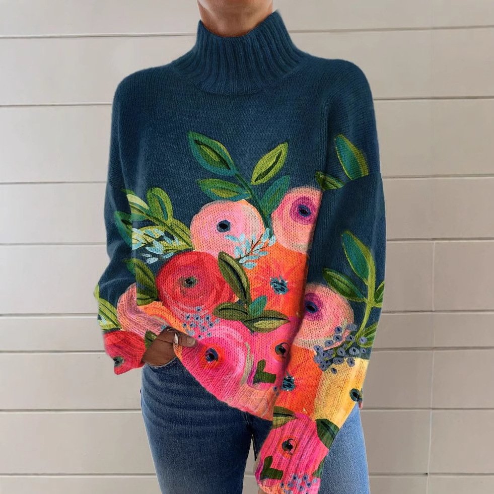 Women's Turtleneck Floral Casual Spring/Fall Long Sleeve Sweatshirt