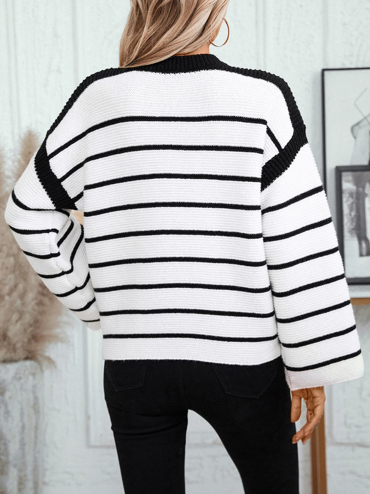 Women's Winter Striped Casual Long Sleeve Crew Neck Sweater