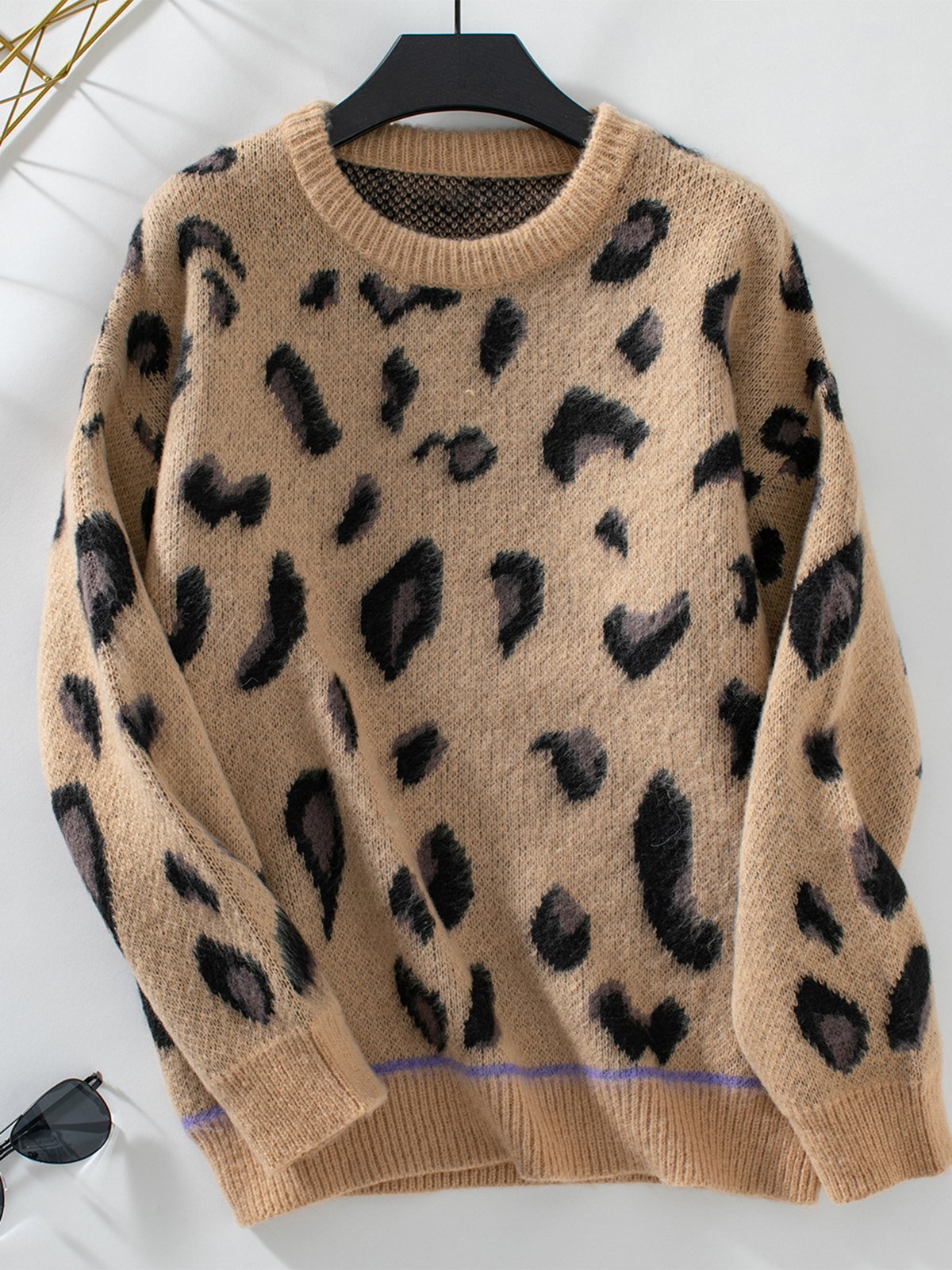 Women's Winter Leopard Casual Long Sleeve Crew Neck Sweater