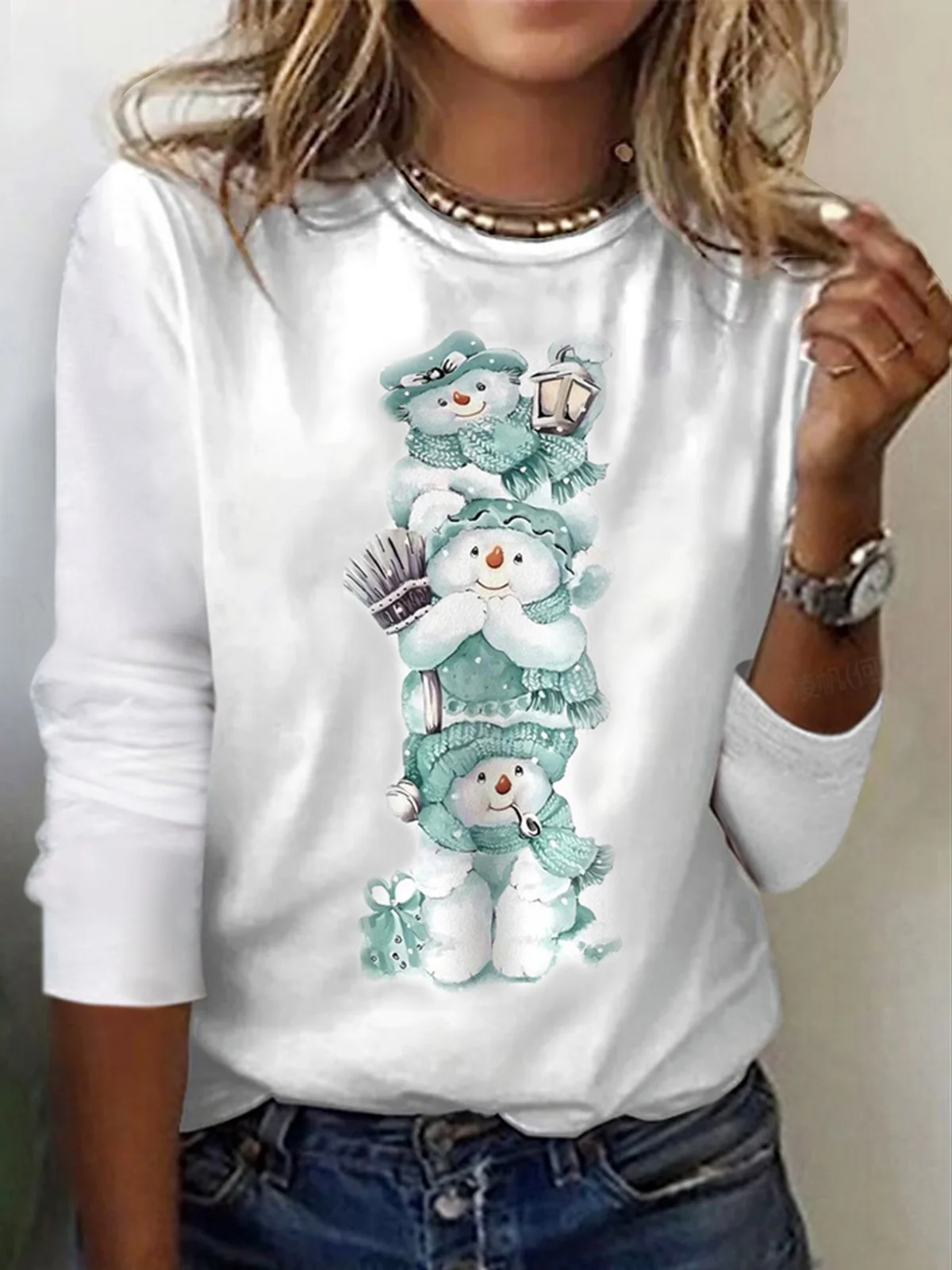 Women's Long Sleeve Tee T-shirt Spring/Fall Christmas Snowman Jersey Crew Neck Daily Going Out Casual Top