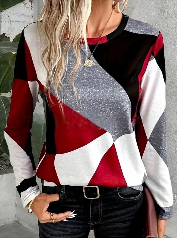 Women's Long Sleeve Tee T-shirt Spring/Fall Multicolor Block Crew Neck Daily Going Out Casual Top