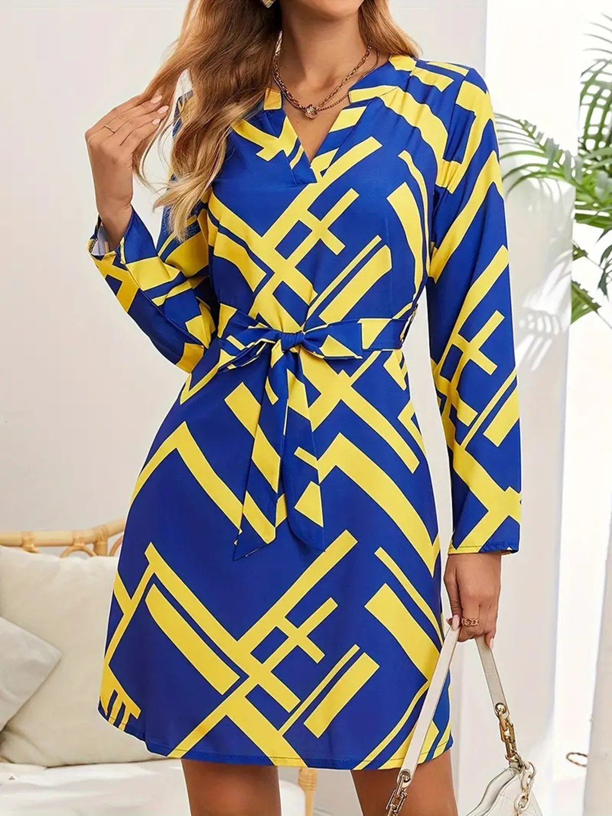 Women's Long Sleeve Spring/Fall Abstract Graphic Dress V Neck Daily Going Out Casual Midi A-Line