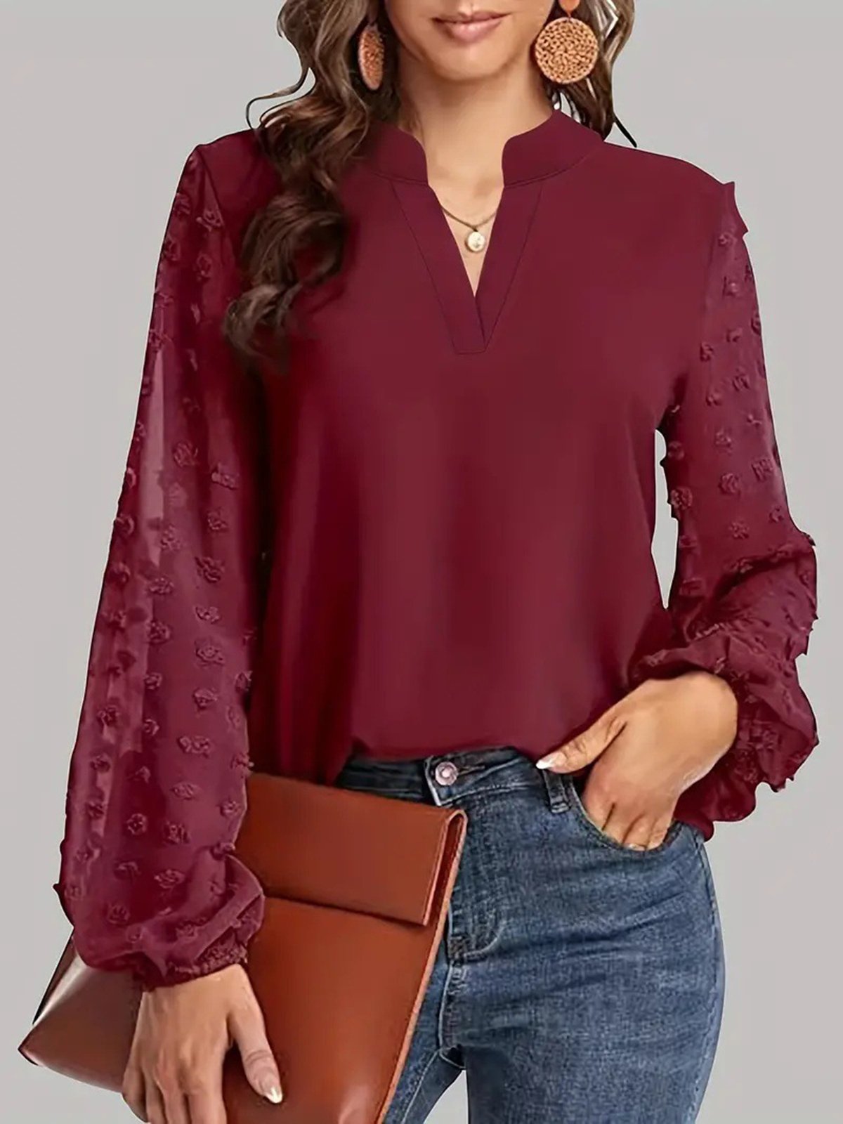 Women's Long Sleeve Blouse Spring/Fall Plain V Neck Daily Going Out Casual Top