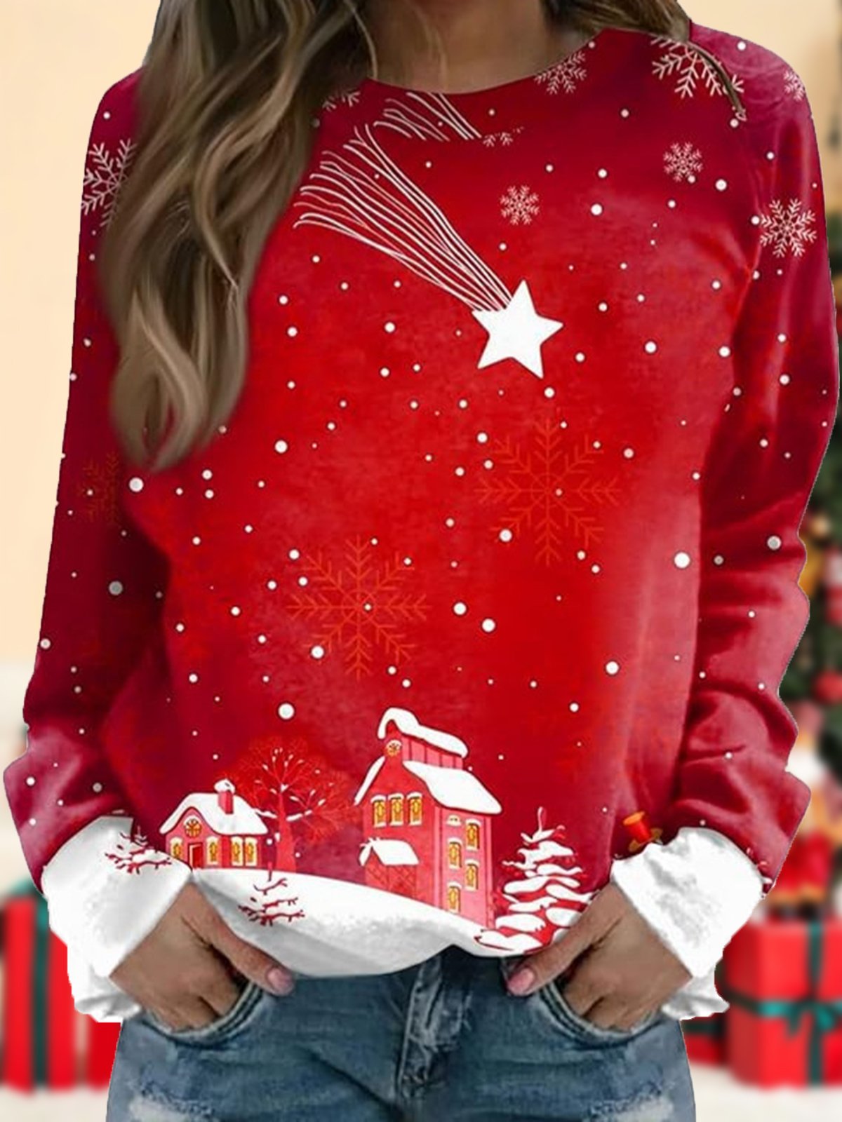 Women's Crew Neck Christmas Casual Spring/Fall Long Sleeve Sweatshirt