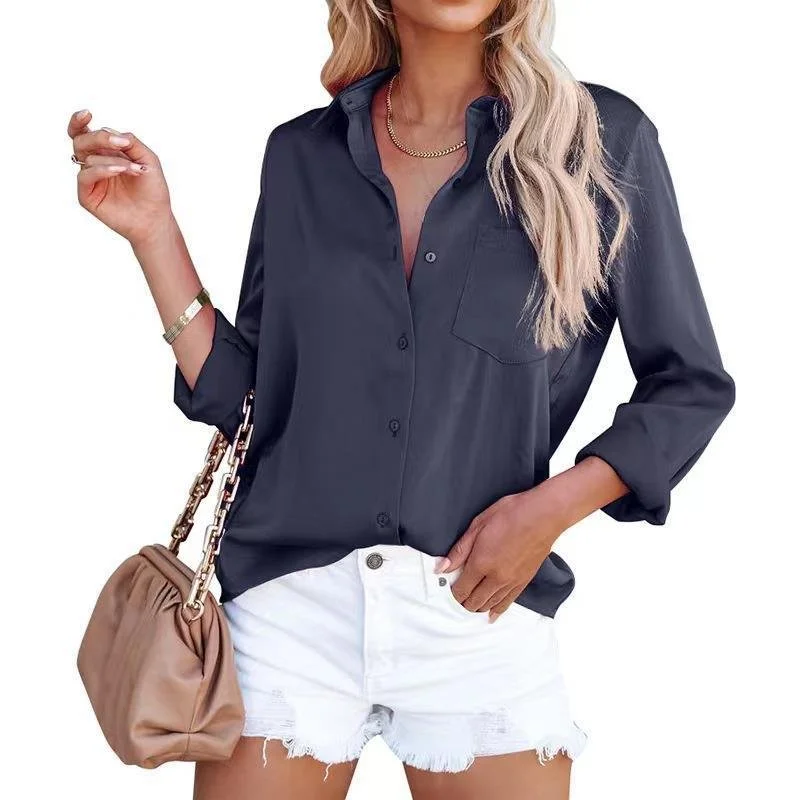 Women's Long Sleeve Shirt Spring/Fall Plain Buckle Shirt Collar Daily Going Out Casual Top Black