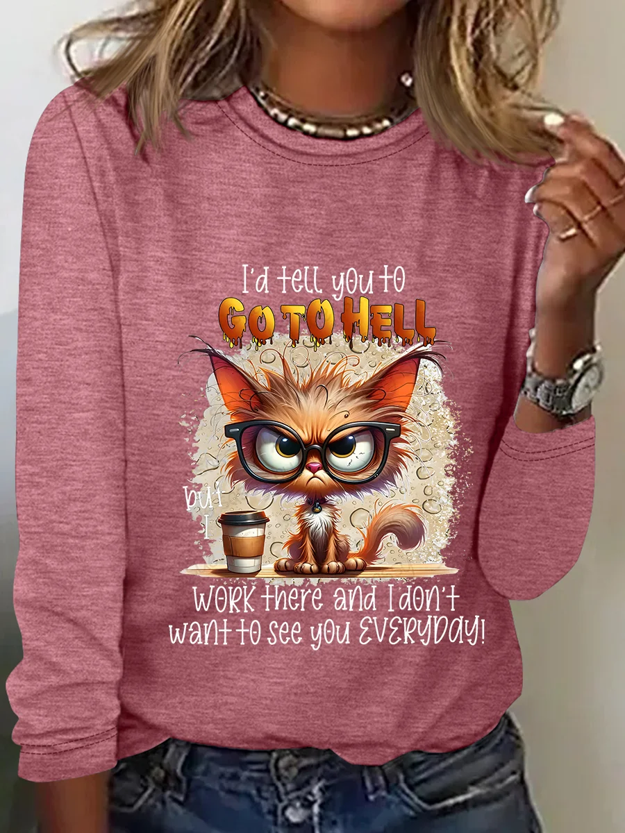 Women's Long Sleeve Blouse Spring/Fall Cat Crew Neck Daily Going Out Casual Top