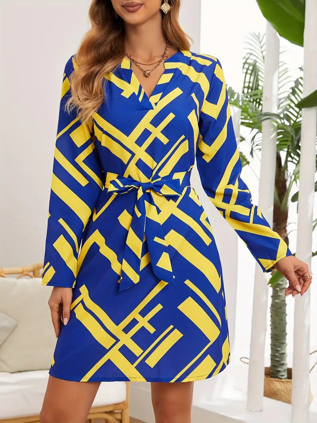 Women's Long Sleeve Spring/Fall Abstract Graphic Dress V Neck Daily Going Out Casual Midi A-Line