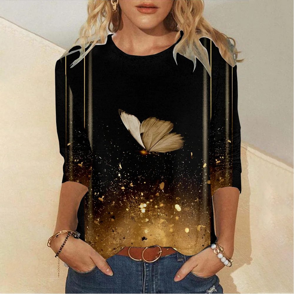 Women's Sparkly Butterfly Print Long Sleeve Crew Neck T-shirt