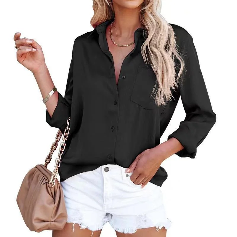 Women's Long Sleeve Shirt Spring/Fall Plain Buckle Shirt Collar Daily Going Out Casual Top Black