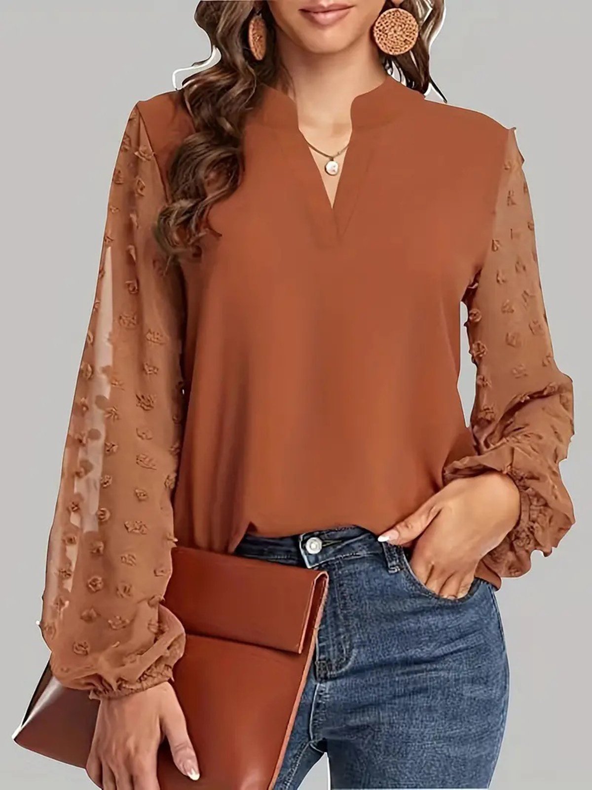 Women's Long Sleeve Blouse Spring/Fall Plain V Neck Daily Going Out Casual Top