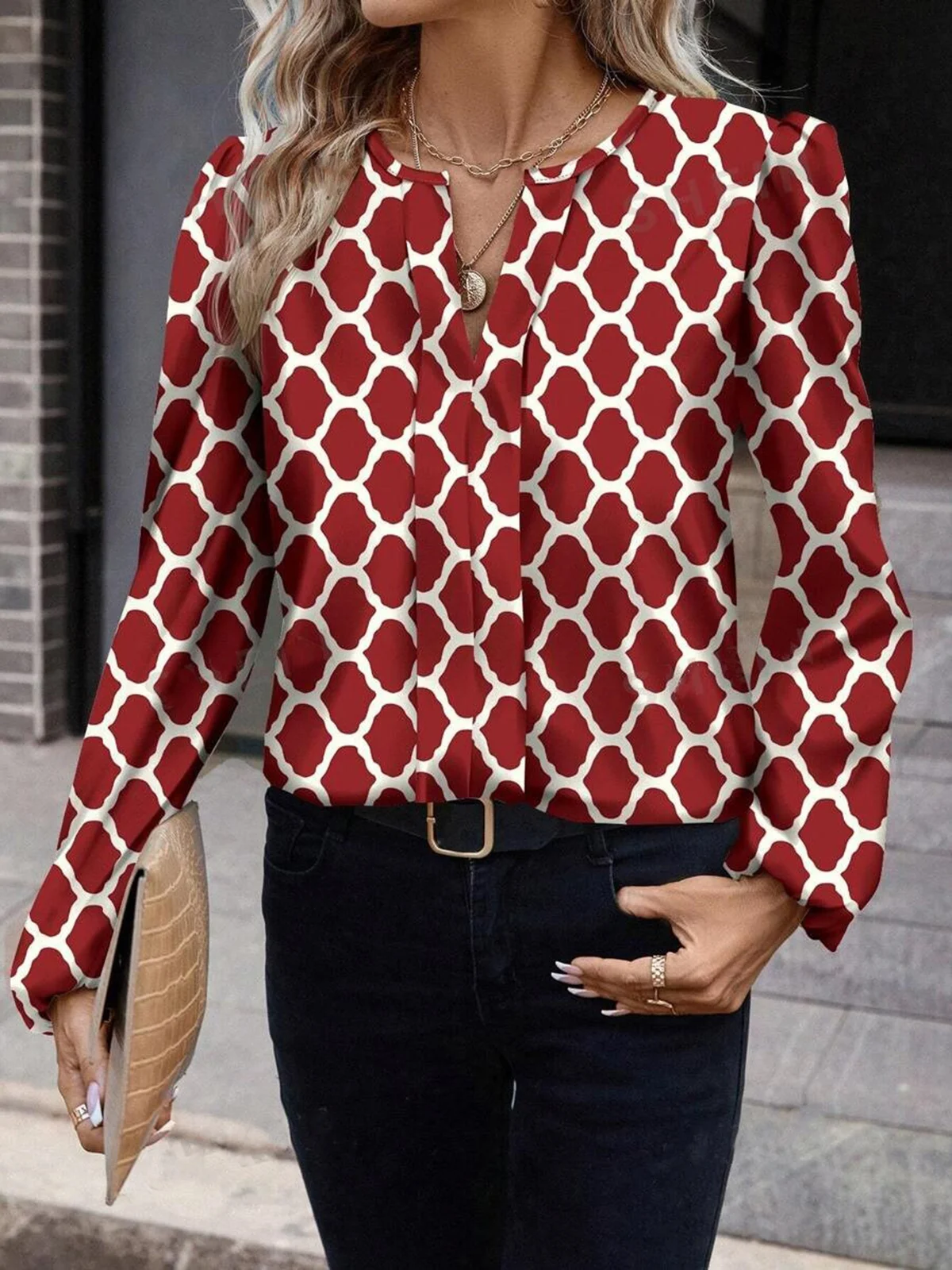 Women's Long Sleeve Blouse Spring/Fall Geometric V Neck Daily Going Out Casual Top