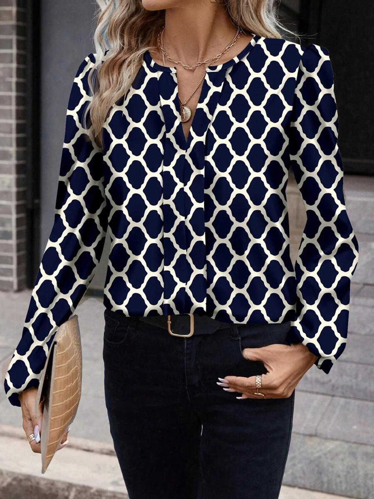 Women's Long Sleeve Blouse Spring/Fall Geometric V Neck Daily Going Out Casual Top