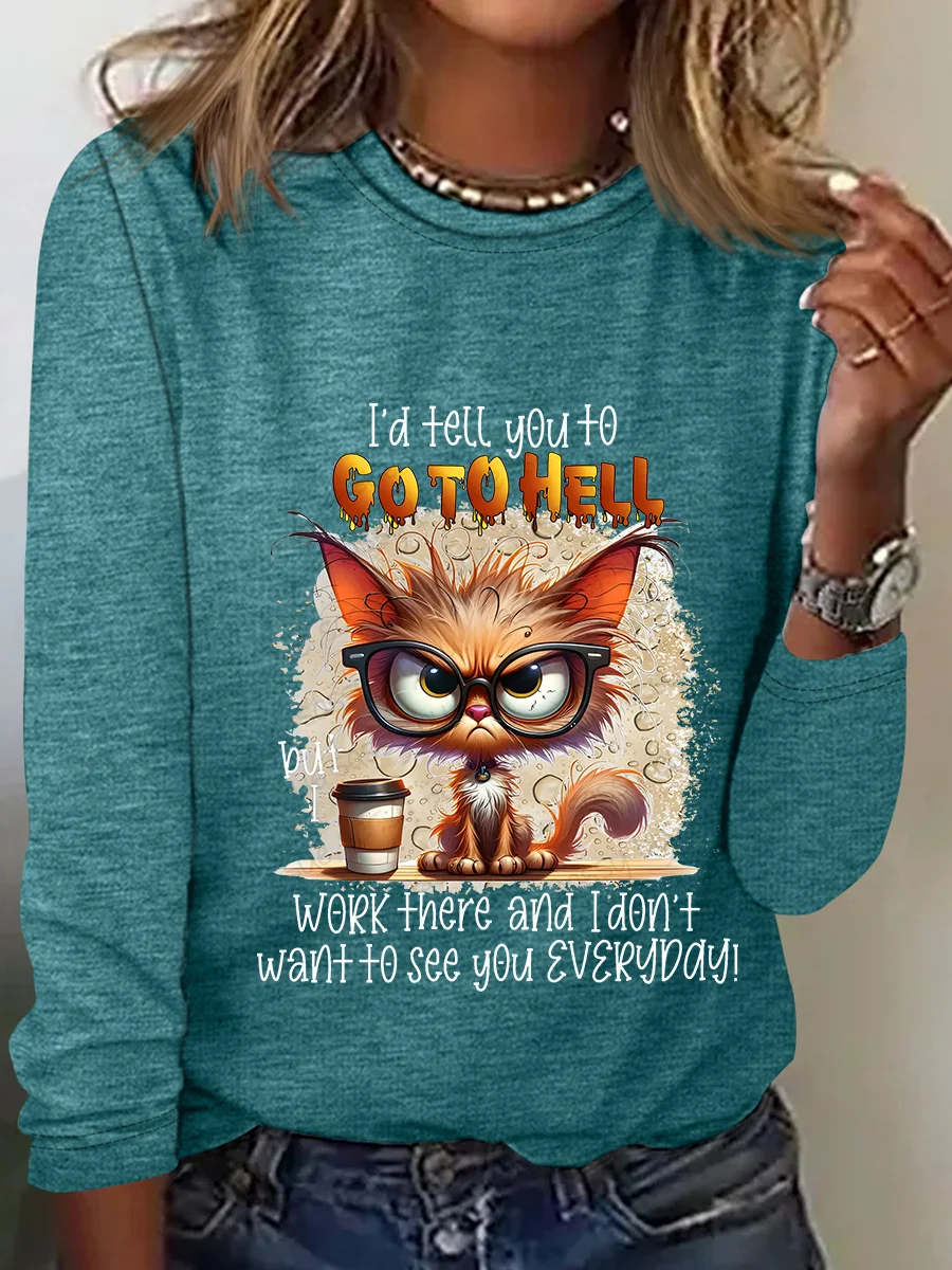 Women's Long Sleeve Blouse Spring/Fall Cat Crew Neck Daily Going Out Casual Top