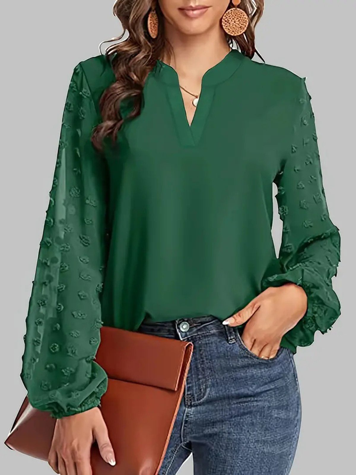 Women's Long Sleeve Blouse Spring/Fall Plain V Neck Daily Going Out Casual Top