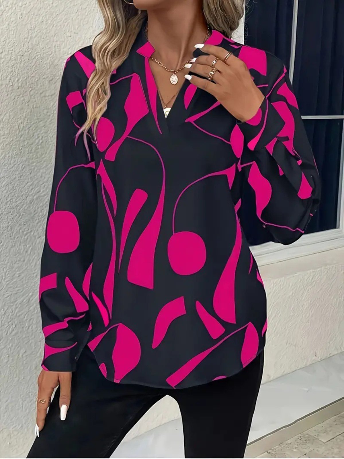 Women's Long Sleeve Blouse Spring/Fall Abstract V Neck Daily Going Out Casual Top