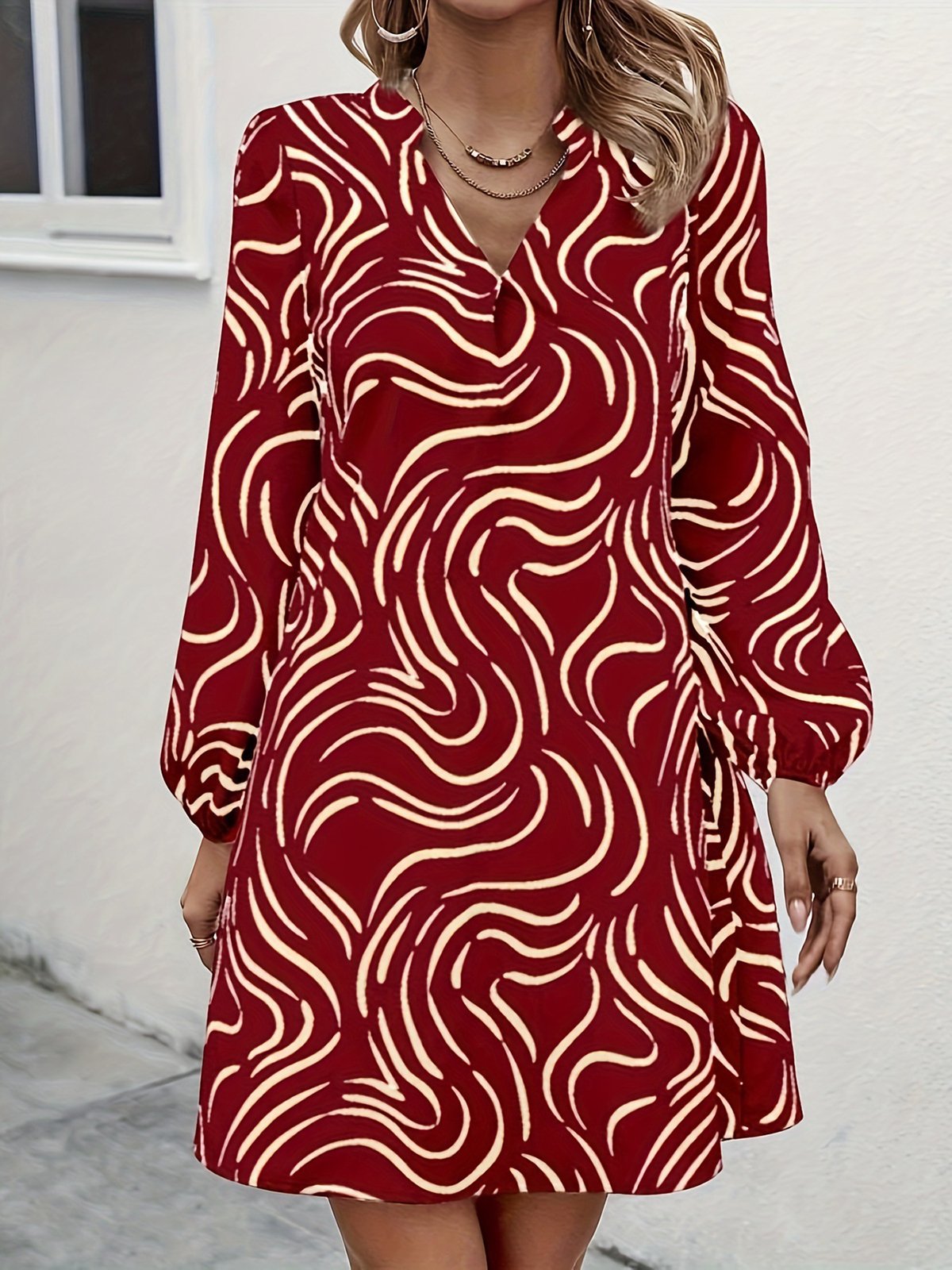 Women's Long Sleeve Spring/Fall Abstract Dress V Neck Daily Going Out Casual Midi A-Line