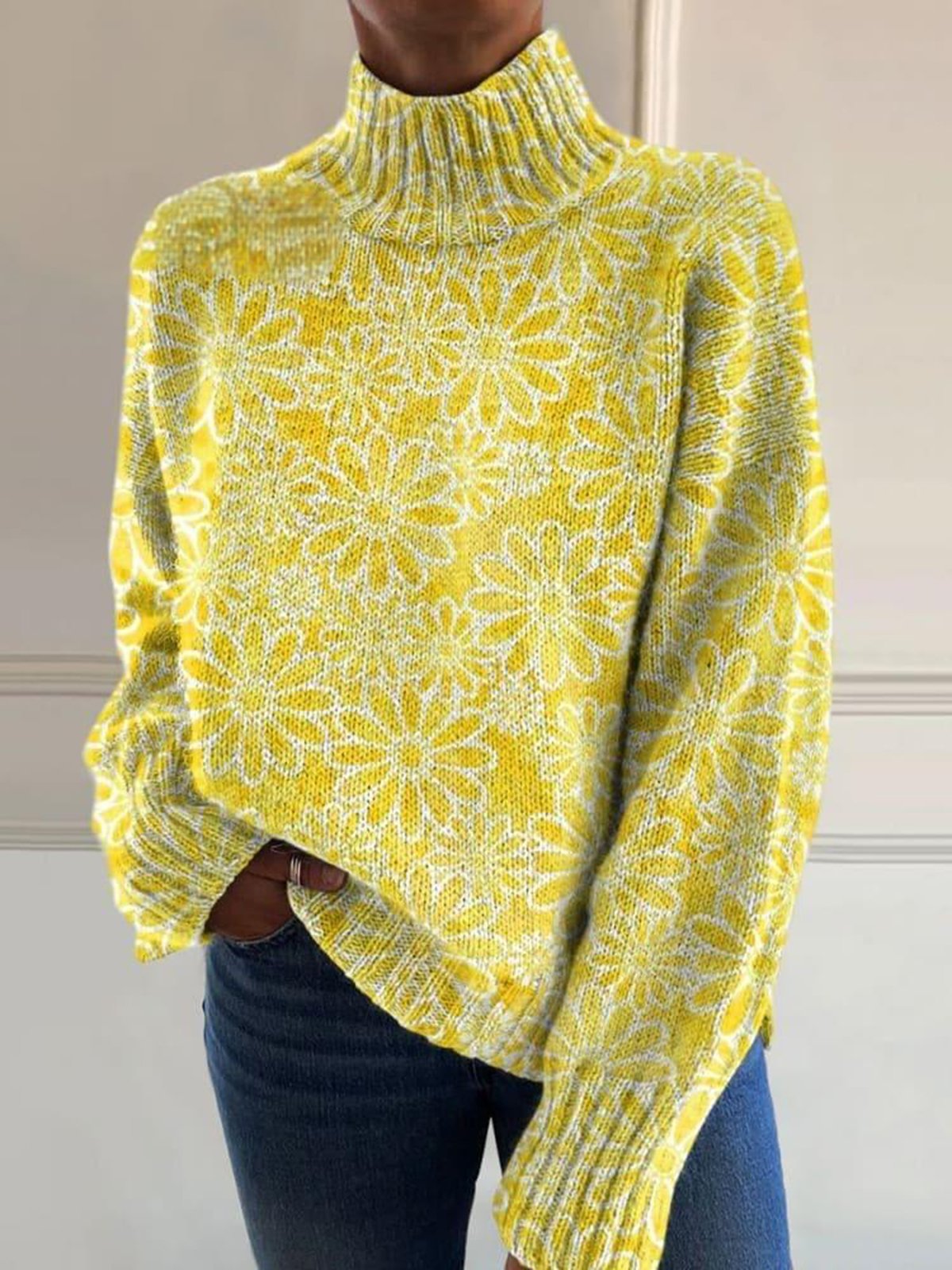 Women's Winter Floral Casual Long Sleeve Stand Collar Wool/Knitting Sweater