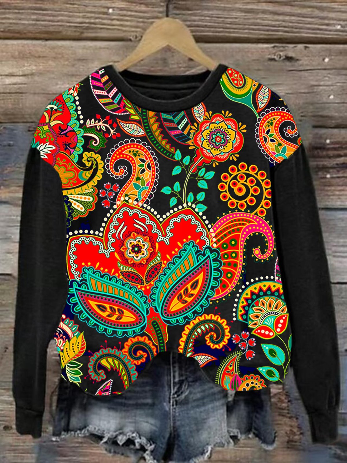 Women's Crew Neck Ethnic Casual Spring/Fall Cotton Long Sleeve Sweatshirt