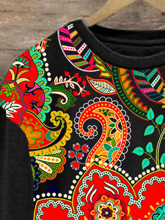 Women's Crew Neck Ethnic Casual Spring/Fall Cotton Long Sleeve Sweatshirt