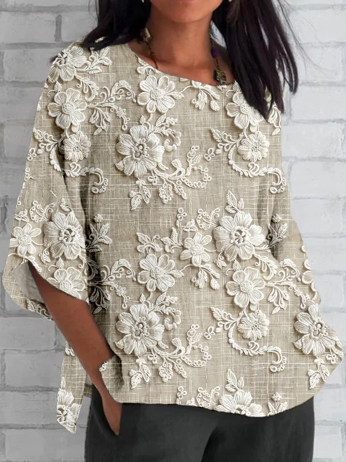 Women's 3D Floral Print Half Sleeve Casual Blouse