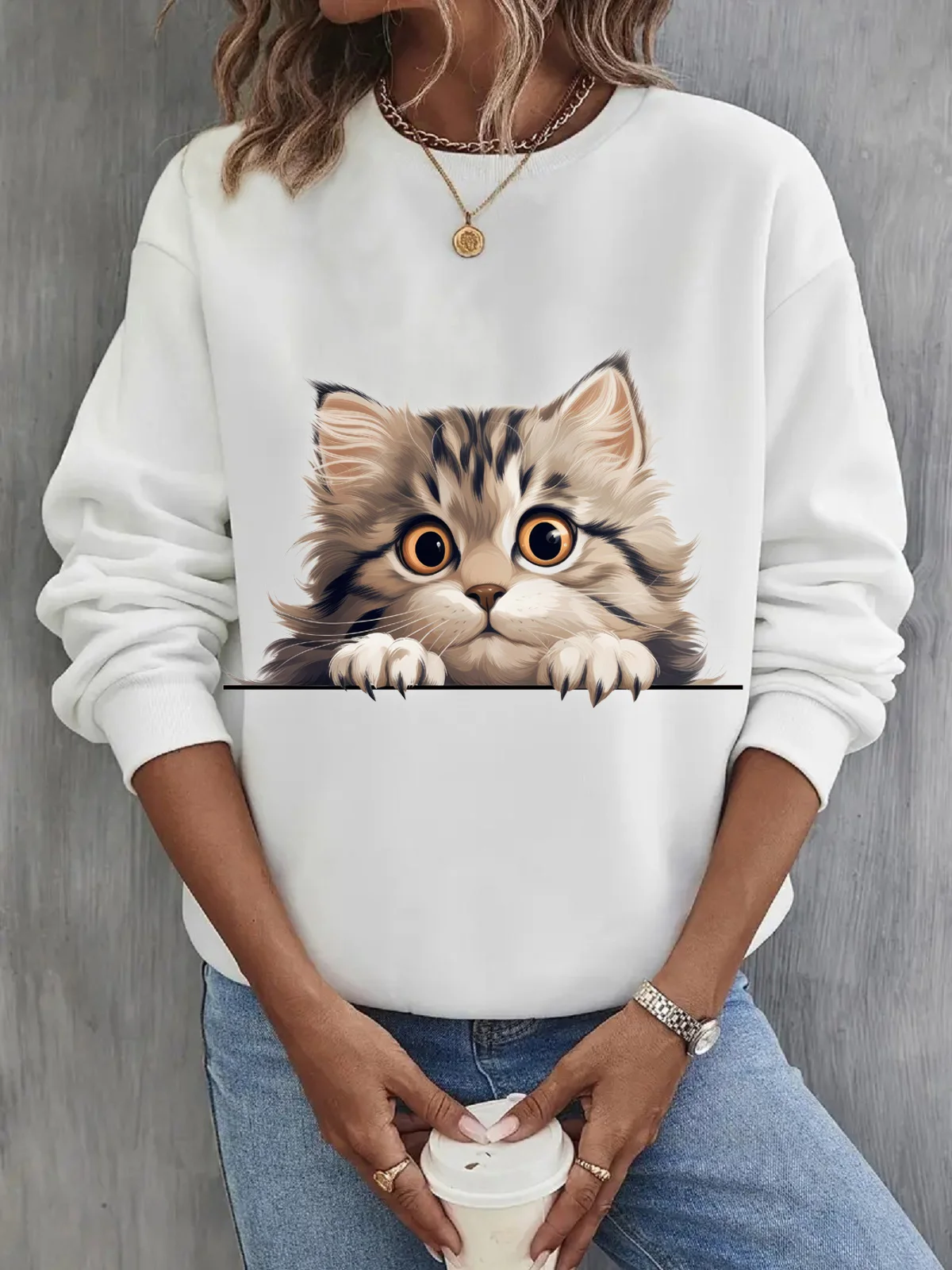 Women's Crew Neck Cat Casual Spring/Fall Long Sleeve Sweatshirt