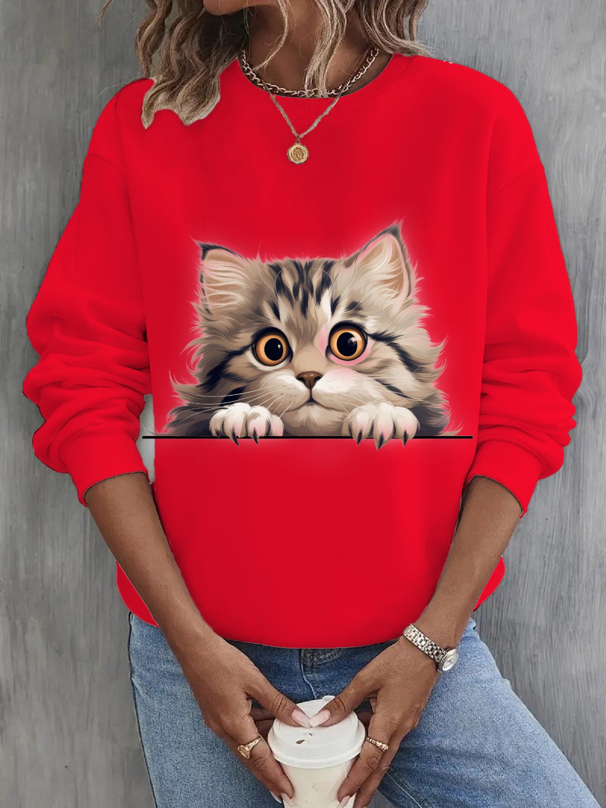 Women's Crew Neck Cat Casual Spring/Fall Long Sleeve Sweatshirt