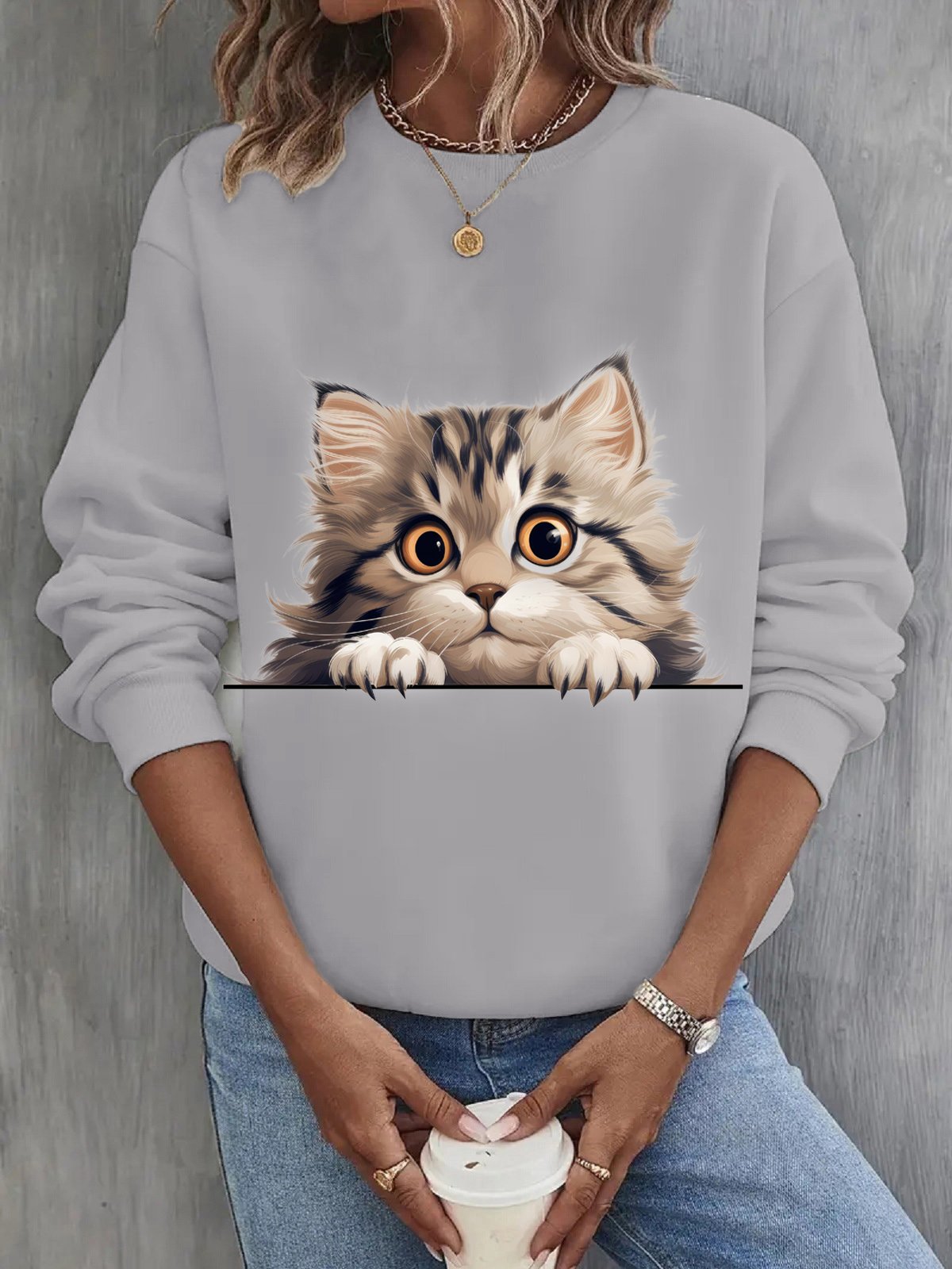 Women's Crew Neck Cat Casual Spring/Fall Long Sleeve Sweatshirt