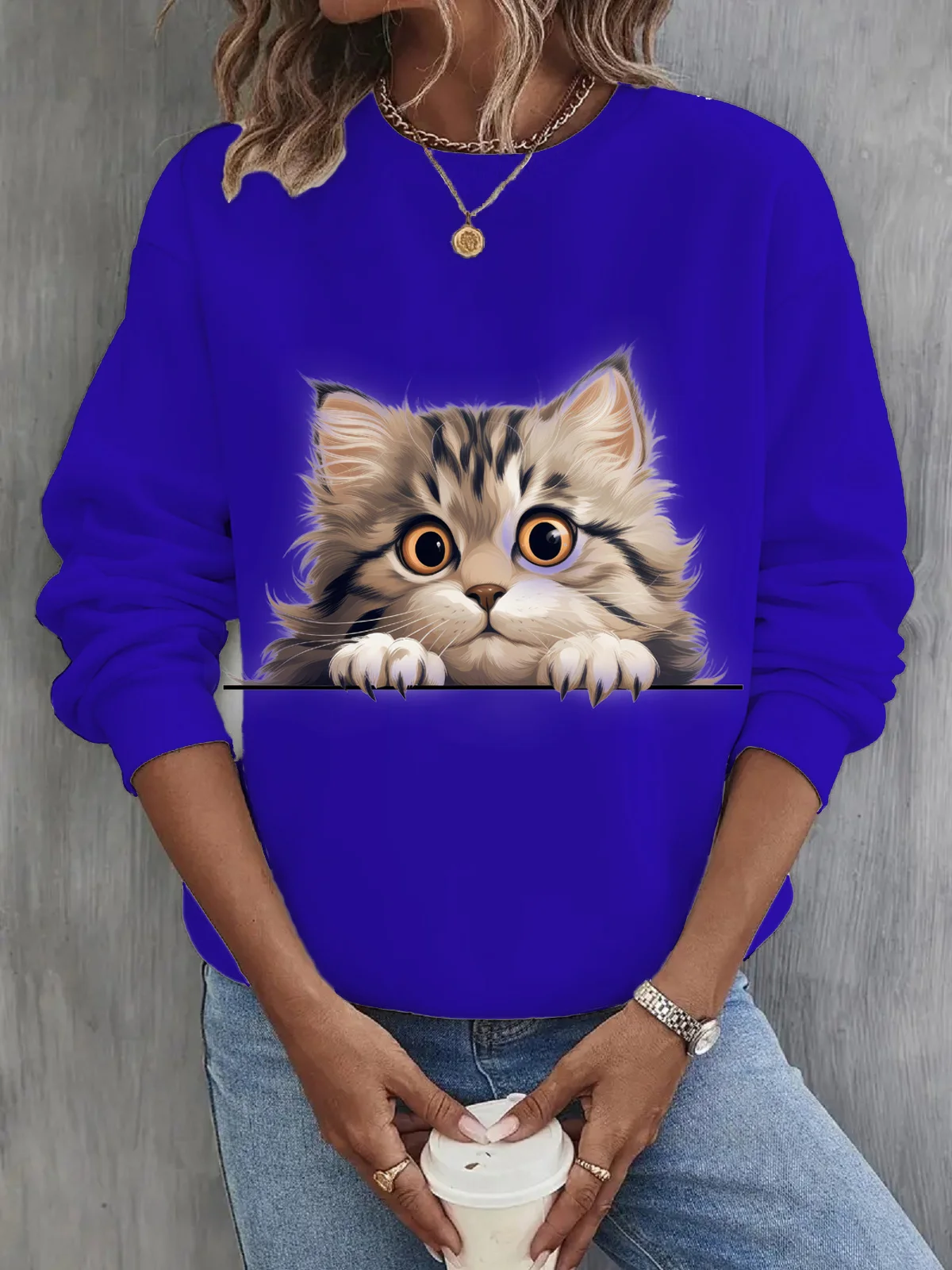 Women's Crew Neck Cat Casual Spring/Fall Long Sleeve Sweatshirt