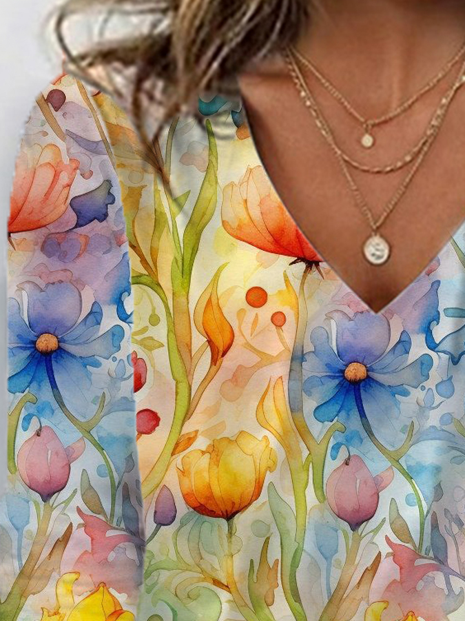 Women's Long Sleeve Tee T-shirt Spring/Fall Floral Jersey V Neck Daily Going Out Casual Top