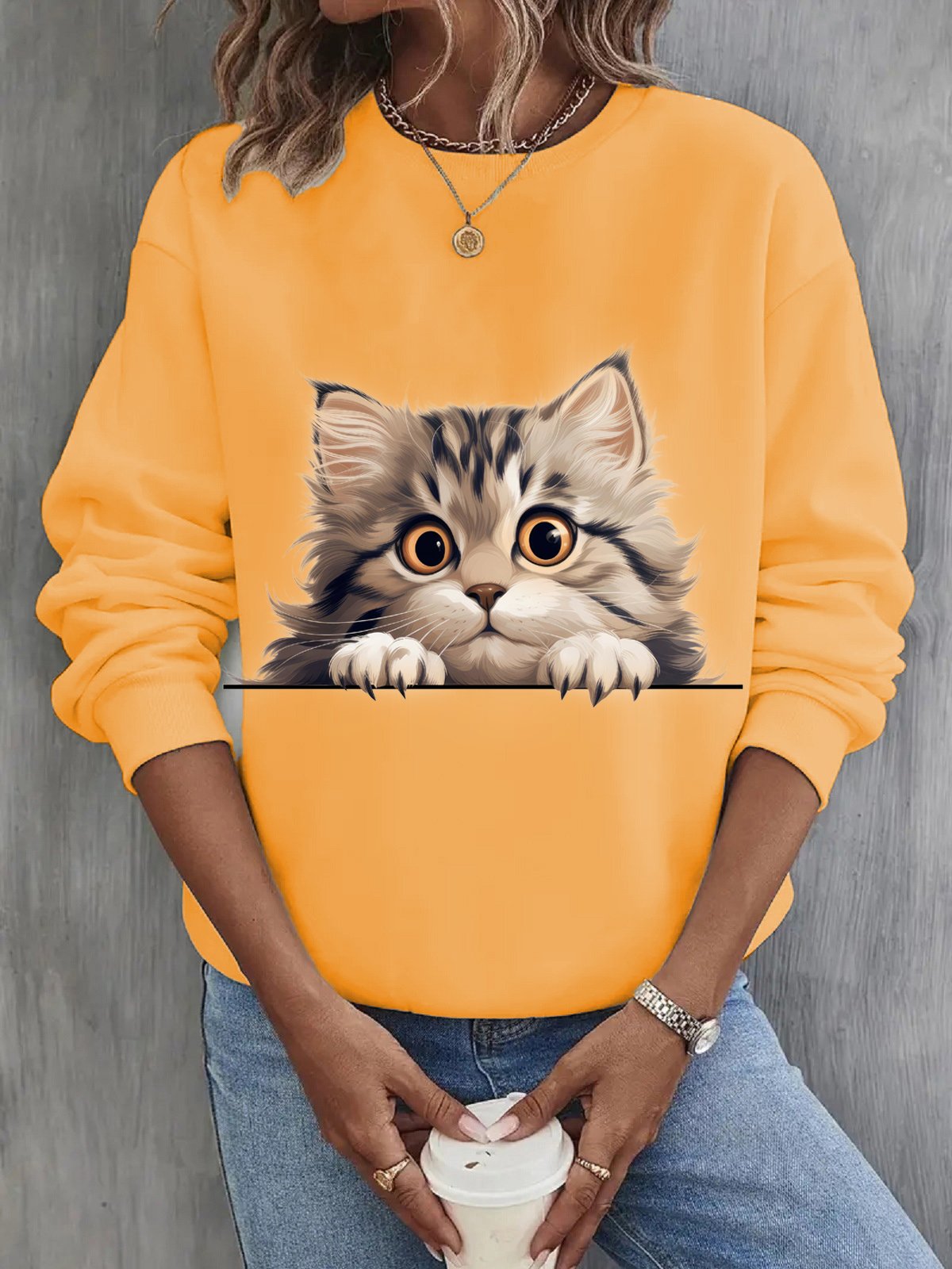 Women's Crew Neck Cat Casual Spring/Fall Long Sleeve Sweatshirt