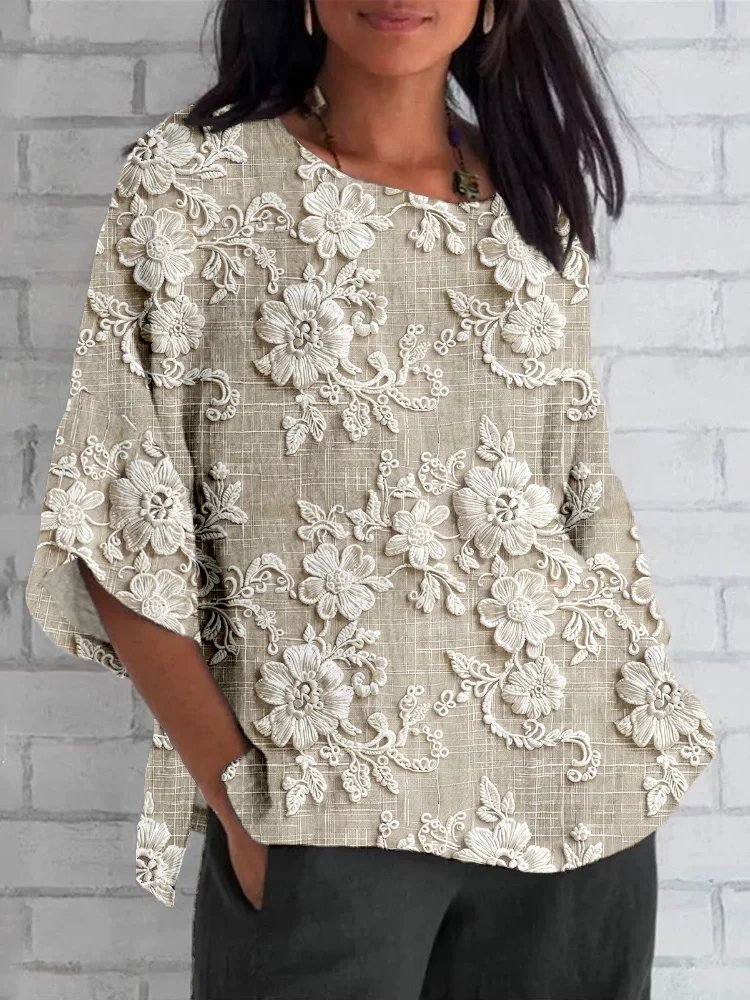 Women's 3D Floral Print Half Sleeve Casual Blouse