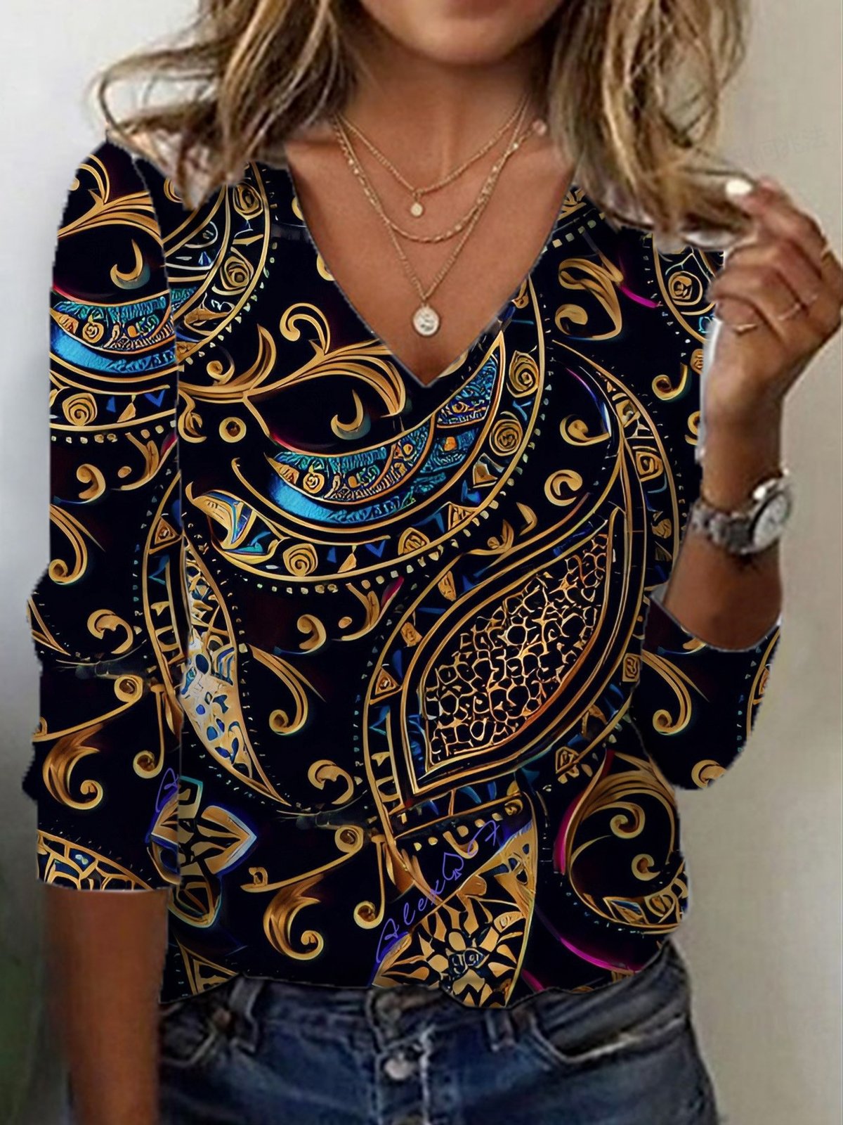 Women's Long Sleeve Tee T-shirt Spring/Fall Ethnic Jersey V Neck Daily Going Out Casual Top