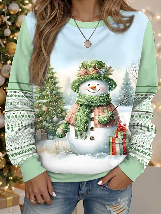 Women's Crew Neck Christmas Snowman Casual Spring/Fall Long Sleeve Sweatshirt