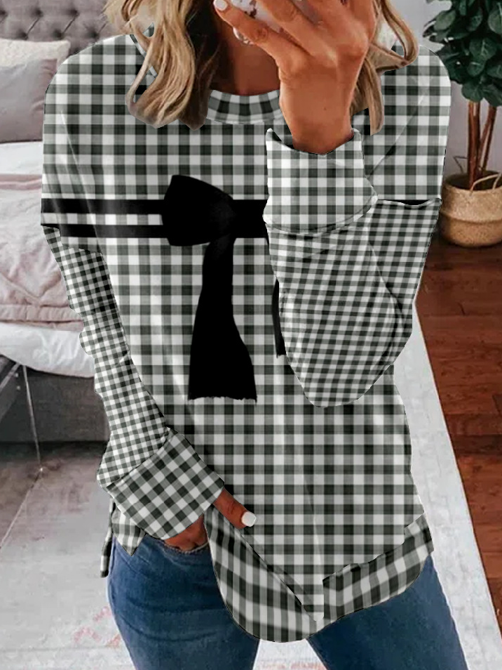 Women's Crew Neck Plaid Casual Spring/Fall Long Sleeve Sweatshirt