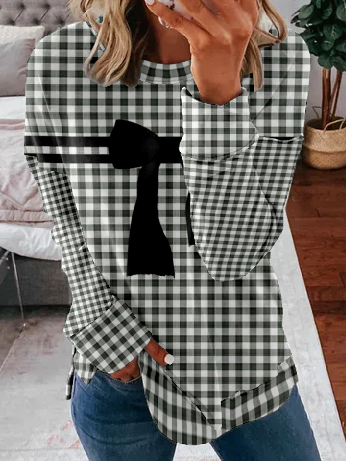 Women's Crew Neck Plaid Casual Spring/Fall Long Sleeve Sweatshirt