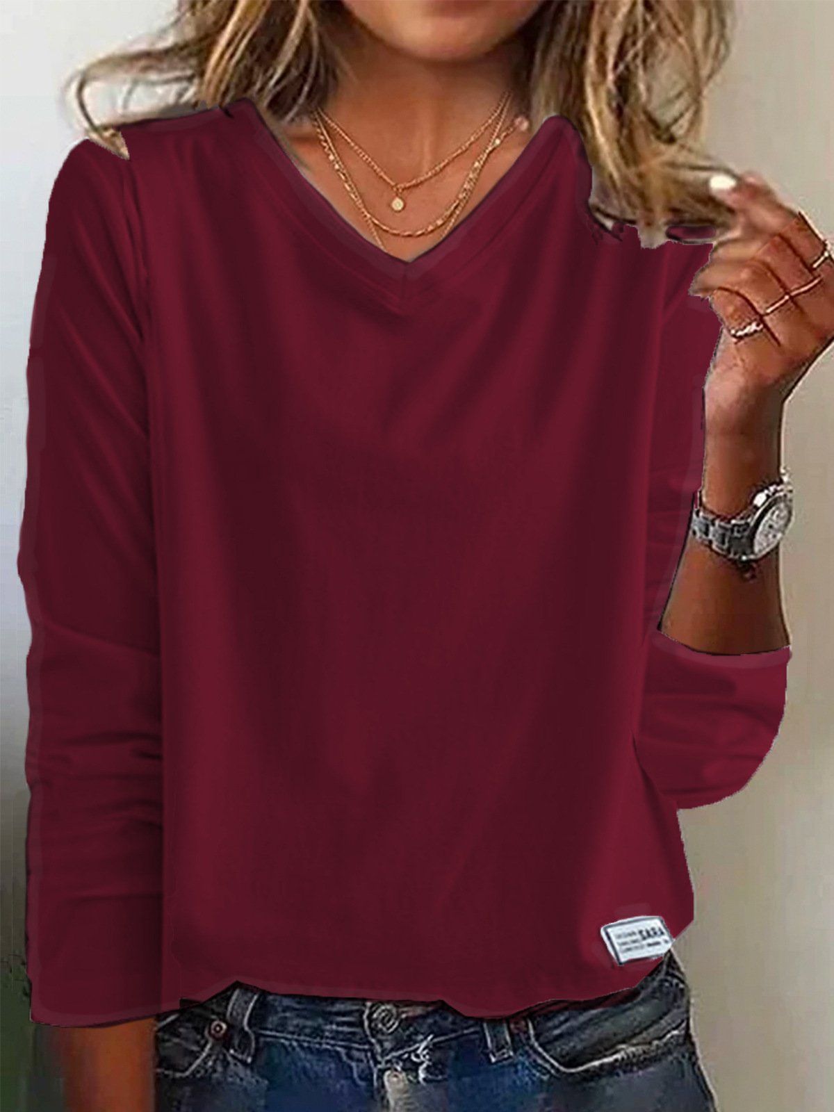 Women's Long Sleeve Tee T-shirt Spring/Fall Plain Jersey V Neck Daily Going Out Casual Top