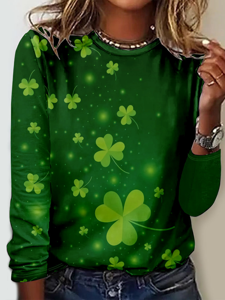 Women's Four-leaf Clover Long Sleeve Tee T-shirt Crew Neck Casual Spring/Fall Top