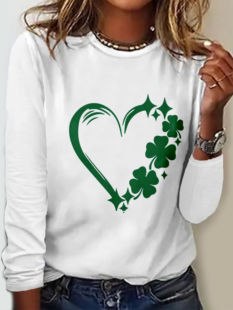 Women's St Patricks Day Four-leaf Clover Love Print Long Sleeve T-shirt