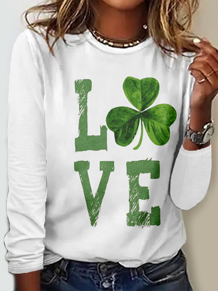 Women's St Patricks Day Four-leaf Clover Love Print Long Sleeve T-shirt