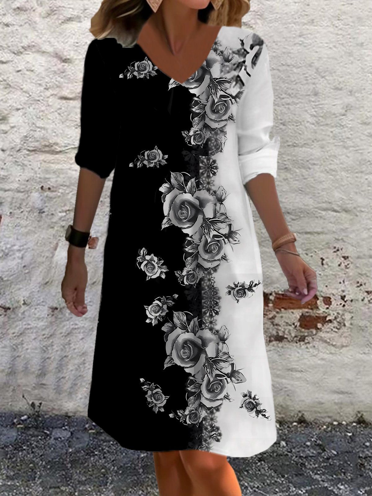 Women's Long Sleeve Summer Floral Jersey Dress V Neck Daily Going Out Casual Midi A-Line TUNIC