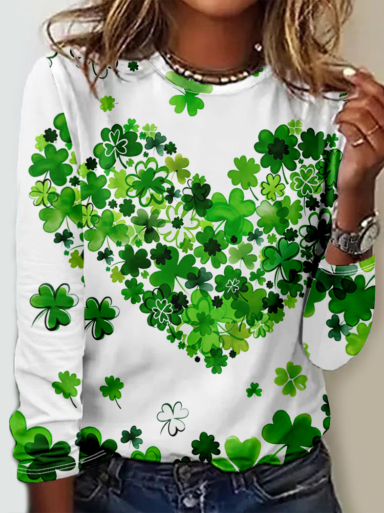 Women's St Patricks Day Four-leaf Clover Love Print Long Sleeve T-shirt