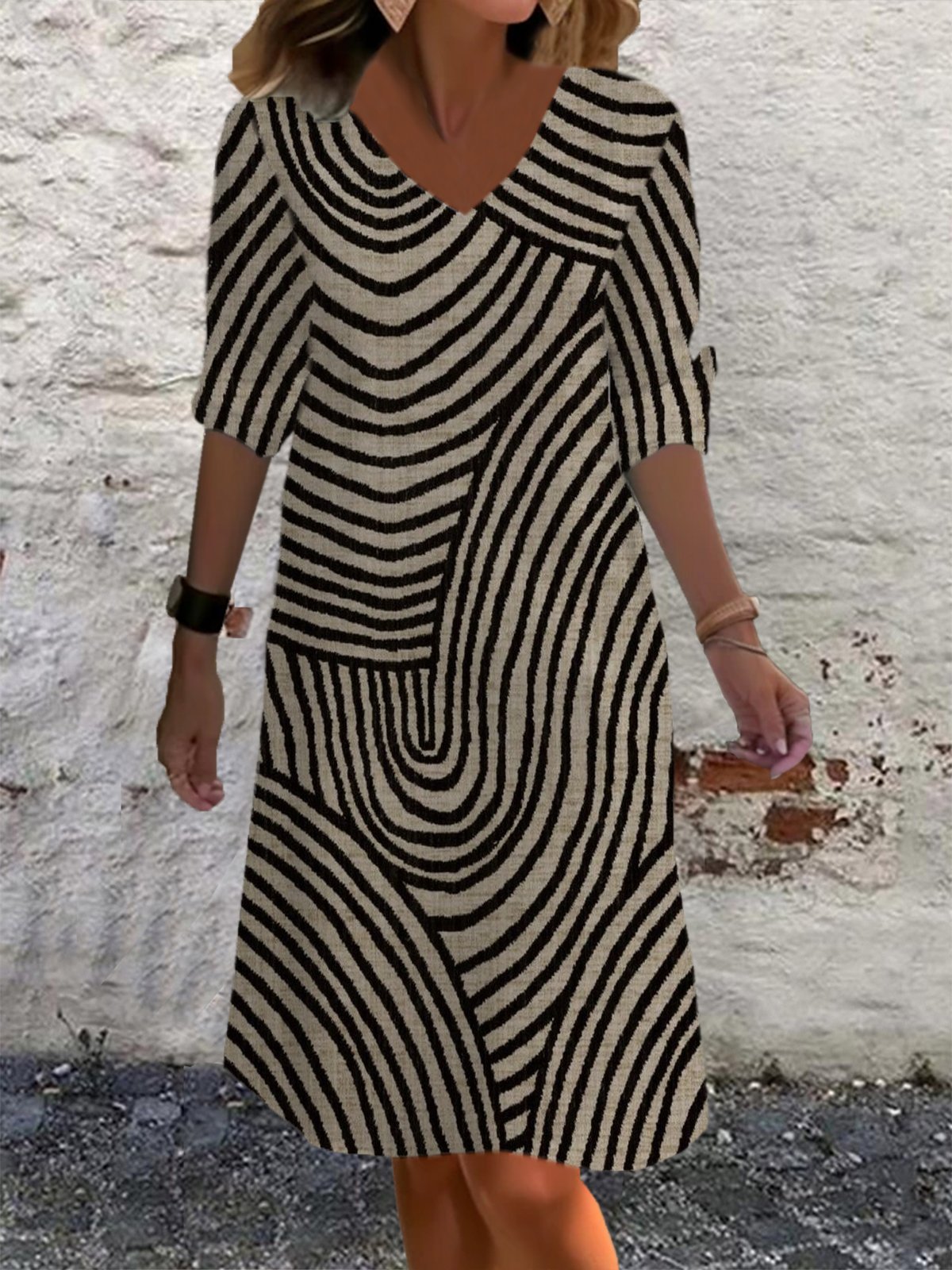 Women's Long Sleeve Summer Abstract Jersey Dress V Neck Daily Going Out Casual Midi A-Line TUNIC